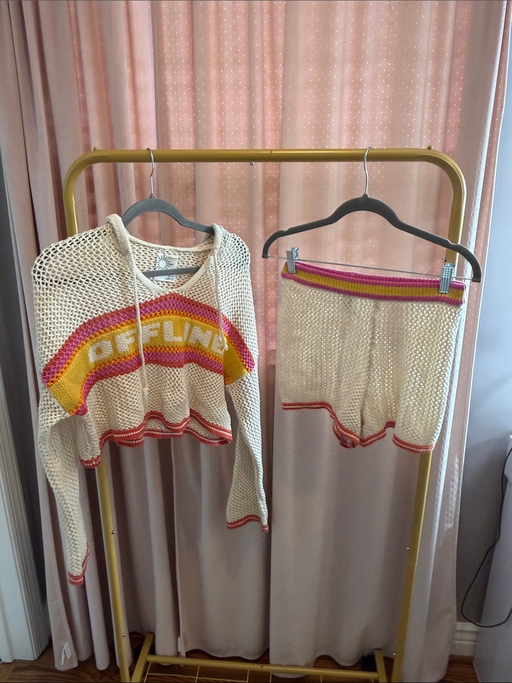 Cream Open-Knit Scoop-Neck Sweater with Yellow & Pink Stripe Accents